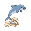 Blue Dolphin Jumping Over Stack of Beige Books on White Background Illustration Royalty Free Stock Photo