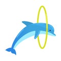 Blue dolphin jumping through the yellow ring. Vector illustration isolated on white background Royalty Free Stock Photo