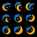 Blue dolphin, yellow moon and starry sky logo set on black background. Children night light, sleep vector illustration. Royalty Free Stock Photo