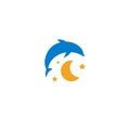 Blue dolphin, yellow moon and starry sky logo on white background. Children night light, sleep vector illustration.