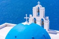 Blue dome and bell tower of famous Agios Theodori Church in Firostefani Royalty Free Stock Photo