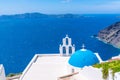 Blue dome and bell tower of famous Agios Theodori Church in Firostefani Royalty Free Stock Photo