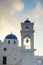 Blue dome church with a bell tower in Imerovigli village, Santorini island Royalty Free Stock Photo