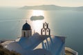 Blue dome church with bell tower in Santorini island, Greece Royalty Free Stock Photo