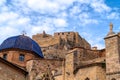 Blue dome church and castle Morella Spain historic medieval walled town