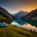 Blue dome tent mountain lake camping