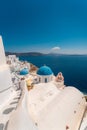 Blue dome and white Church bell tower in the village of Oia in Santorini, Greece Royalty Free Stock Photo