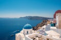 Blue dome and white Church bell tower in the village of Oia in Santorini, Greece Royalty Free Stock Photo