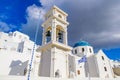 A blue domed church with bell tower in Imerovigli village, Santorini, Greece Royalty Free Stock Photo