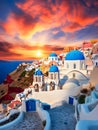 Blue-domed churches and white-washed houses. Beautiful sunset of tranquil Santorini island, Greece