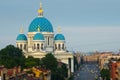 Blue domes with yellow stars. Aerial view of Saint-Petersburg roofs and Holy Trinity Izmailovo Cathedral. Russia