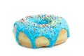 A blue donut with colorful speckles