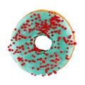 Blue donut sprinkled with red balls