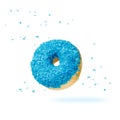 Blue donut sprinkles flying falling isolated on white