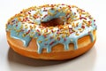 Blue donut with sprinkles on white background