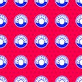 Blue Donut with sweet glaze icon isolated seamless pattern on red background. Vector Royalty Free Stock Photo