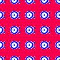 Blue Donut with sweet glaze icon isolated seamless pattern on red background. Vector Royalty Free Stock Photo