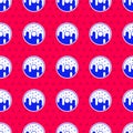 Blue Donut with sweet glaze icon isolated seamless pattern on red background. Vector Royalty Free Stock Photo