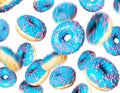 Blue donuts in a chaotic position in the air, isolated on a white background Royalty Free Stock Photo