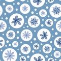 Blue doodle floral seamless pattern with pastel cute flowers in bubbles. Repeat background. Royalty Free Stock Photo