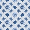 Blue doodle floral seamless pattern with pastel cute flowers. Diagonal repeat background. Royalty Free Stock Photo