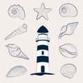 Blue doodles on a white background. Lighthouse and shells.