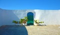 Blue door with cactus and the traditional white walls in the tow Royalty Free Stock Photo