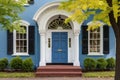 blue door of a colonial revival house with a white, arched fanlight above