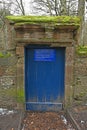 Blue door at Edzell leading the The Burn and riverside walk