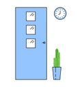 Blue door with four windows, potted green cactus and wall clock. Simple interior design elements, office or home