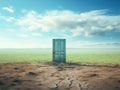 Blue door in the middle of a land separated to green and dry parch land Royalty Free Stock Photo
