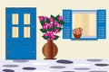 Blue door and window with bougainvillea flower - traditional greek houses architecture Royalty Free Stock Photo