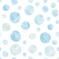 Blue dots watercolor textured on white background. Cute delicate aquarelle seamless pattern backdrop. Abstract round shapes