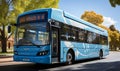 Blue Double Decker Bus Driving Along Tree-Lined Street