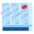 Blue double door commercial fridge with red sale sticker. Glass door refrigerator in store with discount tag vector