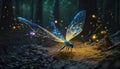 a blue dragon flys through a forest filled with fireflies