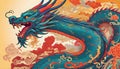 a blue dragon with red and orange wings with chinese new year ornaments in yellow background