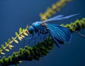 A blue dragonfly perched on a mossy tree branch