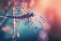 a blue dragonfly sitting on top of a leafy plant