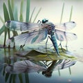 a blue dragonfly sitting on top of a lily pad.