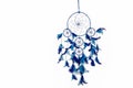 Blue Dream catcher with feathers and beads isolated on a white background, Fluffy dream catchers, Blue Dream catcher and feathers