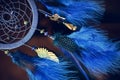 Blue dream catcher hanging on dark background