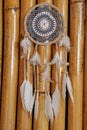 Blue Dreamcatcher with feathers and beads isolated on a wodden b