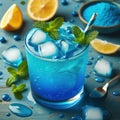 Blue drink cocktail, blue food coloring, condensed milk, mint leaves, ice, lemon soda, drinks concept Royalty Free Stock Photo