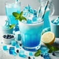 Blue drink cocktail, blue food coloring, condensed milk, mint leaves, ice, lemon soda, drinks concept Royalty Free Stock Photo