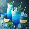 Blue drink cocktail, blue food coloring, condensed milk, mint leaves, ice, lemon soda, drinks concept