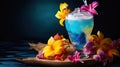 a blue drink with ice and flowers