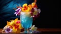 a blue drink with ice and flowers in a glass