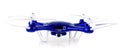 Blue drone flying isolated on white background. Clsoe up of fly drone