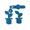 Blue Drop of water drops from pipette on plant icon isolated on transparent background. Medical or agricultural